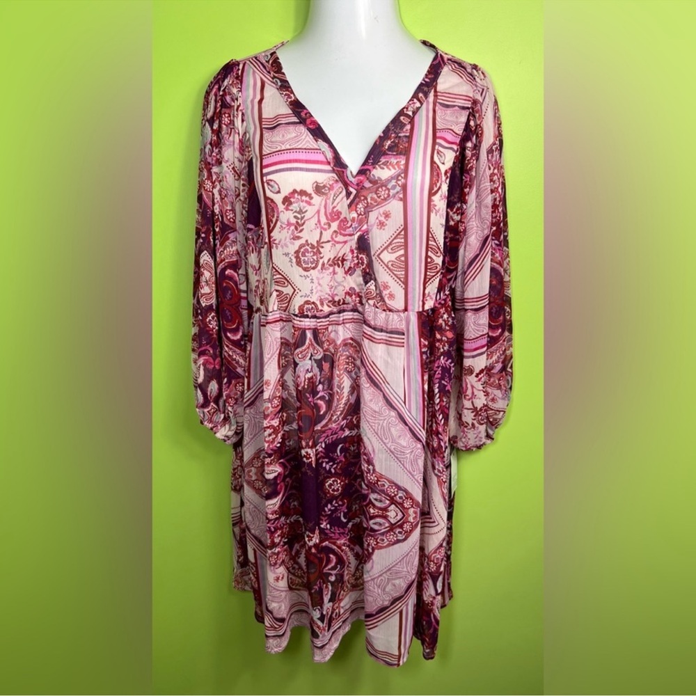 Ophelia Roe Paisley Boho Dress long balloon sleeves size 1X NWT